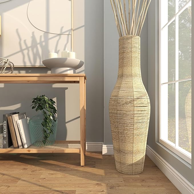 Deco 79 Faux Seagrass Handmade Tall Woven Floor Vase, 14" x 14" x 44", Brown