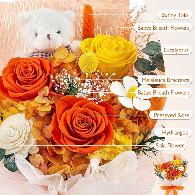 Polylove Forever Flower Bouquet Flowers for Delivery Prime Preserved Roses with Bear Gift Box for Wife Women Mother Day Anniversary Birthday (Orange)