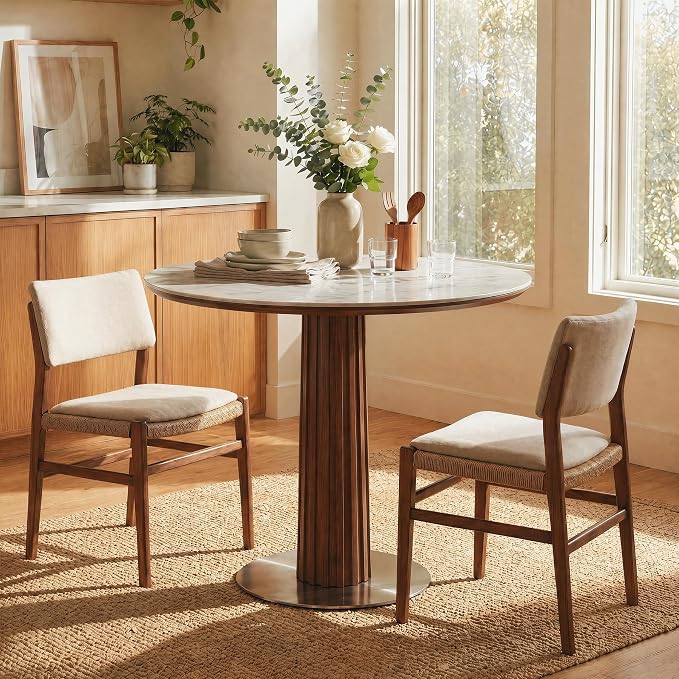 Round Dining Table, 31.5" Solid Wood Dinner Table with Thickened Top & Steel Pedestal, Mid Century Modern Bistro Table for Kitchen, Small Space, Living Room, Cafe, White & Walnut -Style B