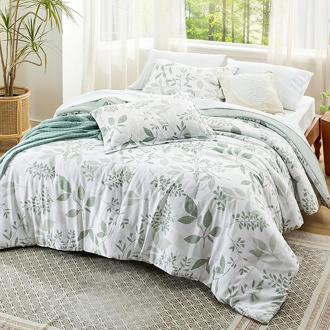 Bedsure Comforter Set Full Size - Cute Floral Bedding Comforter Set, 3 Pieces, 1 Soft Reversible Sage Green Botanical Flowers Comforter and Pillow Shams