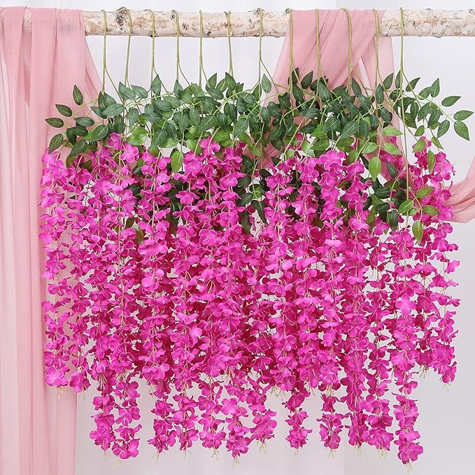 Duovlo 12 Piece Artificial Silk Wisteria Vine 3.6 Feet Ratta Hanging Flower Garland String Home Party Wedding Decor (New Rose Red)