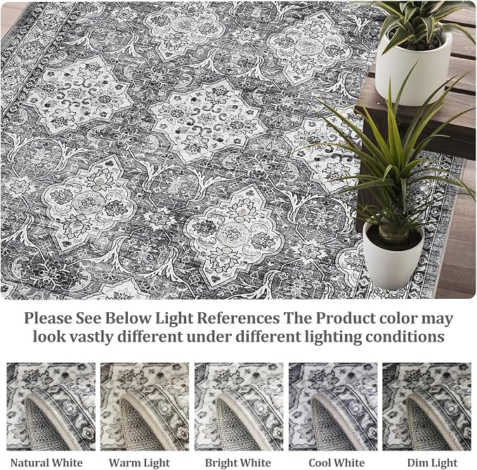 GAOMON Area Rug 5x7 Boho Vintage Rug Small Indoor Area Rug Distressed Floral Print Floor Carpet Cover Washable Foldable Accent Rug for Bedroom Living Room Kitchen, 5’x7’, Grey
