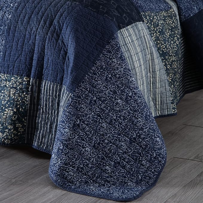 Yvooxny Quilts King Size Reversible Lightweight Bedspread 3-Piece Quilt Set Plaid Floral Patchwork 100% Cotton King Quilt Set Bedding Set with Pillow Shams for All Seasons, Azure Blue, 98x106''