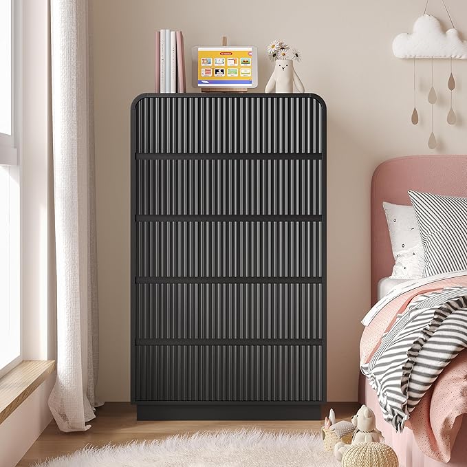 Tall Dresser for Bedroom with 5 Drawers, Fluted Chest of Drawers with Round Curved Corner, Hidden Handles, Modern Wood Storage Organizer for Bedroom, Nursery, Living Room