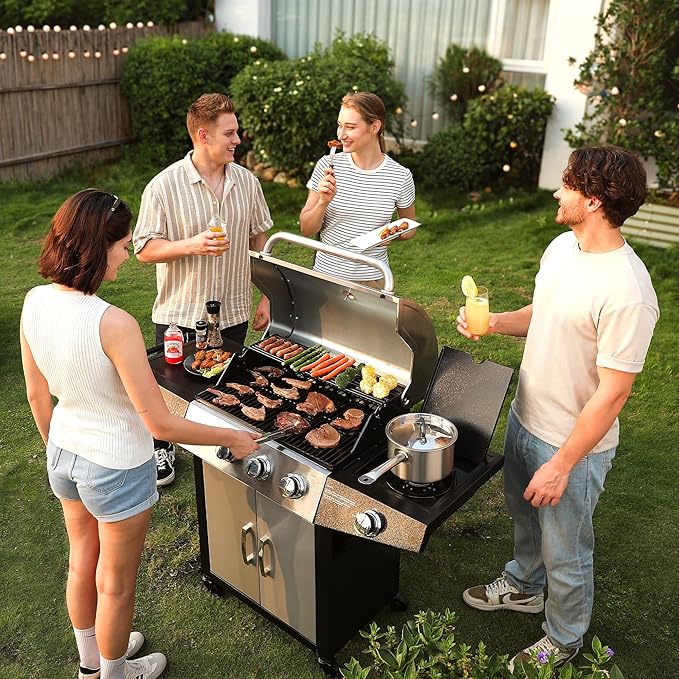 MASTER COOK 4 Burners Gas Grill, 518 Sqin Cooking Area, 52,000 BTU Propane Grill with Side Burner, Stainless Steel Cabinet Grill, Silver & Black