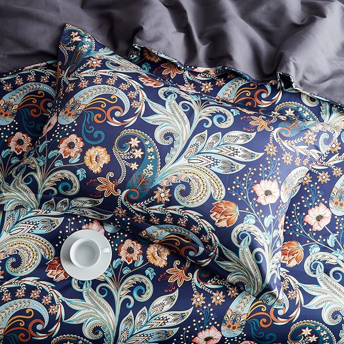 7 Piece Paisley Flower Comforter Bed in a Bag Set King Size Luxury Dark Blue Vintage Floral Boho Medallion Comforter Set Soft & Breathable Microfiber Bedding Set for Woman Adults