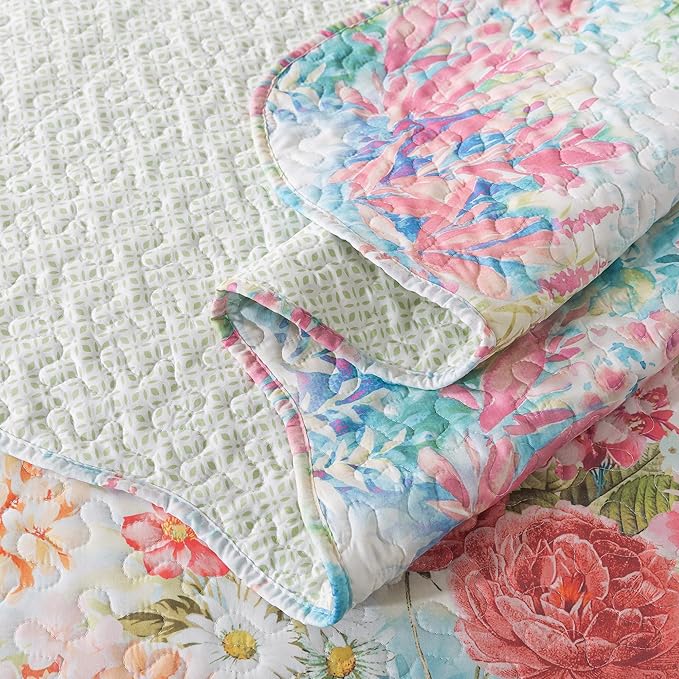 HoneiLife Quilt Sets Queen Size - Floral Quilt 3-Piece, Botanical Bedspreads Wildflower Coverlets for Queen Bed, Microfiber Bed Cover, All Season Quilts-Coral Pink