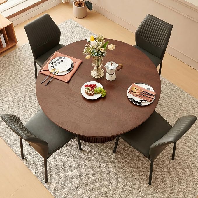 Dining Table Set for 4, 47" Wooden Round Kitchen Table with PU Leather Chairs for Kitchen Room and Small Spaces(Walnut Table + 4 Dakr Grey Chairs)