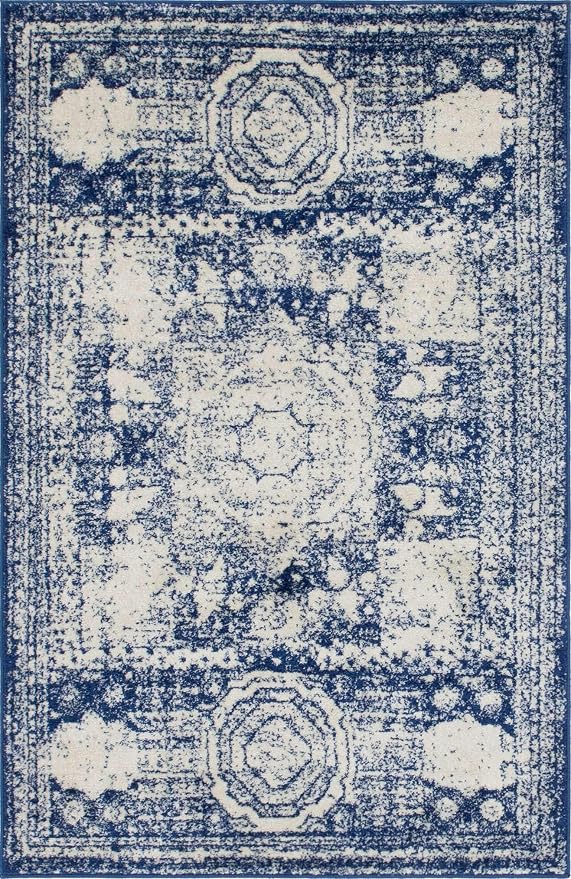 Unique Loom Bromley Collection Area Rug - Wells (4' 1" x 6' 1" Rectangle, Ivory and Blue/ Ivory)