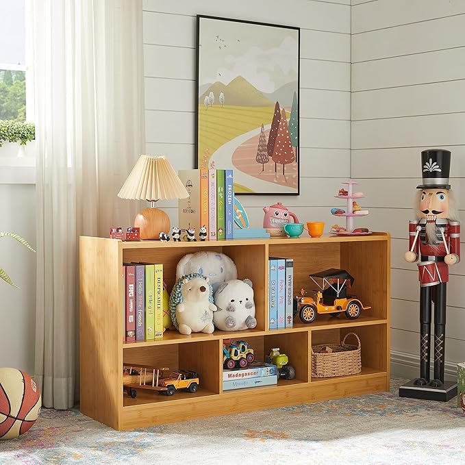 Kids Toy Storage Organizer, 5-Section Storage Cabinet for Organizing Books Toys, Wooden Bookshelf Daycare Furniture for School, Classroom Playroom, Nursery, Kindergarten (Natural)