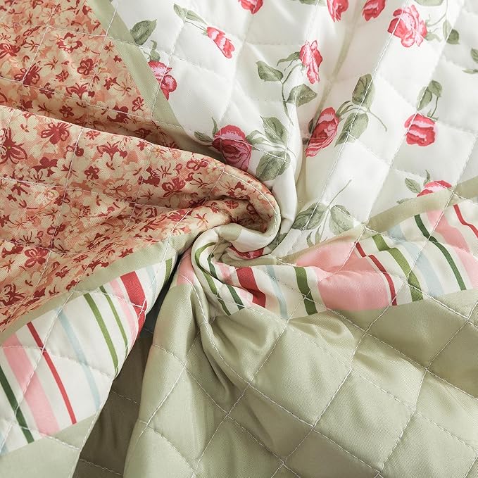 HoneiLife Queen Size Quilt Sets - Microfiber Quilt Set 3-Piece,Lightweight Bedspreads Reversible Coverlets Retro Bed Cover Floral Bedding Set, Queen Quilt Bedding Sets for All Season Use