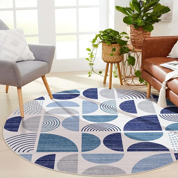 MUJOO Round Rugs 6ft,Circle Area Rug Washable,Circular Rugs for Living Room Dining Room,Large Boho Non Slip Throw Floor Carpet Modern Abstract Navy Blue