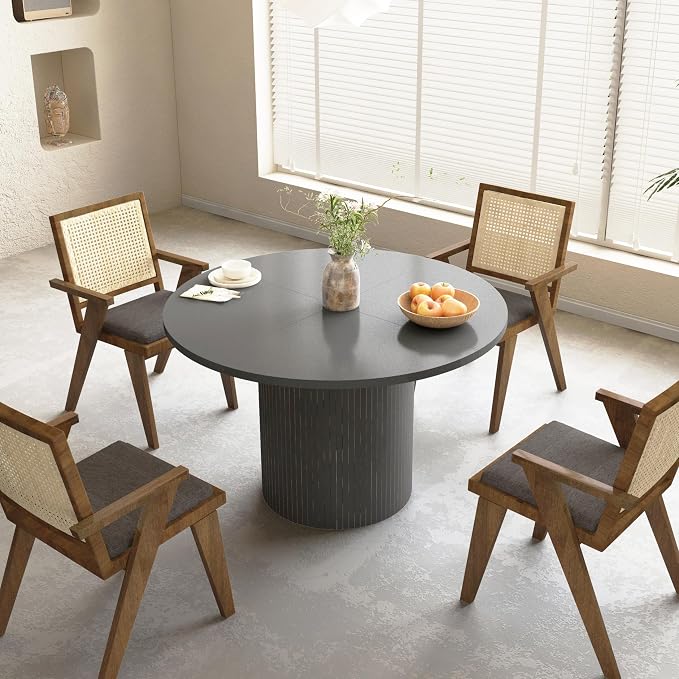 weselon Round Dining Table for 4, Modern Farmhouse Kitchen Table, 47 Inch Small Circle Dining Tables with Wood Strip Base for Kitchen Living Room (Black)