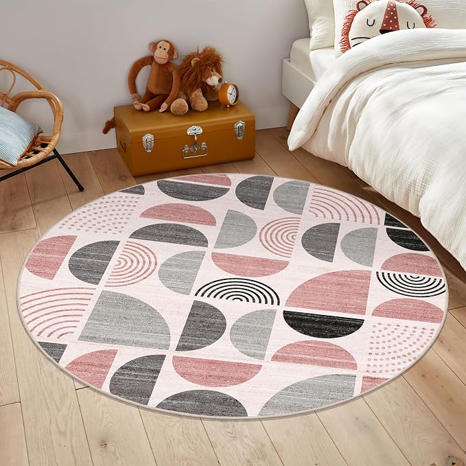 MUJOO Round Rugs 5ft,Circle Area Rug Washable,Circular Rugs for Living Room Dining Room,Boho Non Slip Throw Floor Carpet Modern Abstract Pink and Grey