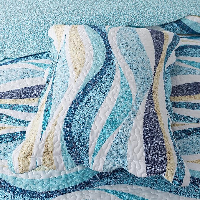 HoneiLife Queen Bedspreads Oversized - 106"x106" Coastal Quilt Sets, Beach Quilt 3-Piece, Nautical Bedspreads Ocean Coverlets, Lightweight Bed Cover, Summer Quilts