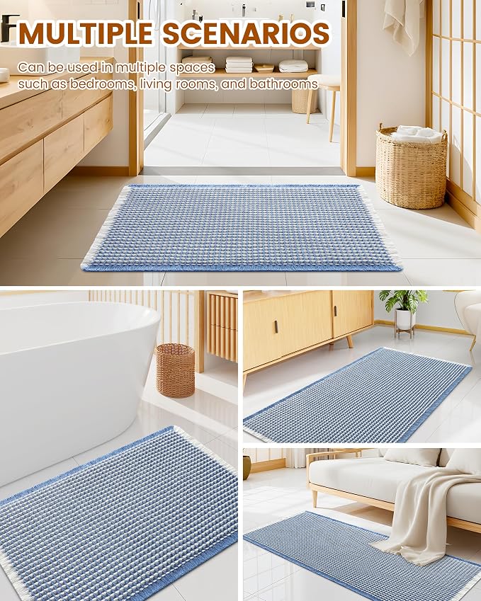 Smiry Waffle Bath Mat 36x24, Extra Soft Absorbent Bathroom Rugs, Non Slip Machine Washable Quick Dry Bath Rugs for Bathroom Floor, Tub, Shower, Home Decor Accessories, Blue & Cream