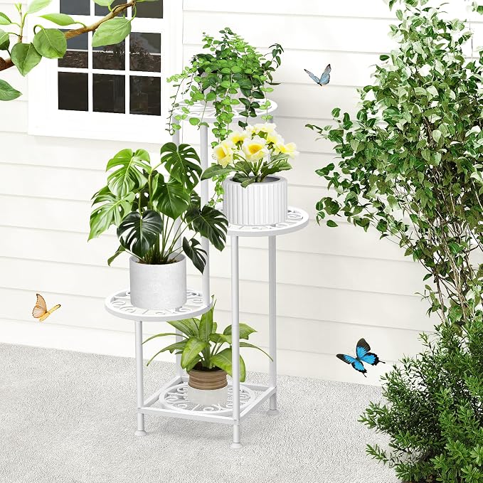 4 Tier Plant Stand Indoor Outdoor, Metal Flower Shelf Display Holder, Multiple Plants Corner Tall Flower Holders for Patio Balcony Porch Garden Living Room (White)