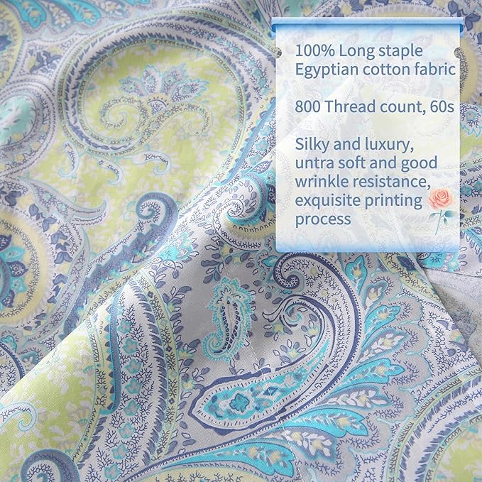 RYNGHIPY Cotton Sheets Floral Print Queen Size Sheet Sets Flower Botanical Pattern Egyptian Cotton Bed Sheets Soft and Breathable Deep Pockets (Blue,Queen Size)