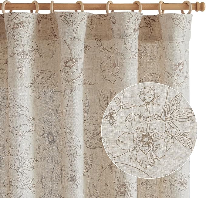 jinchan Floral Linen Curtains for Living Room 96 Inch Length Taupe Flower Curtain Rod Pocket Back Tab Farmhouse Curtains with Printed Floral Bedroom Window Curtain Set, 2 Panels Taupe