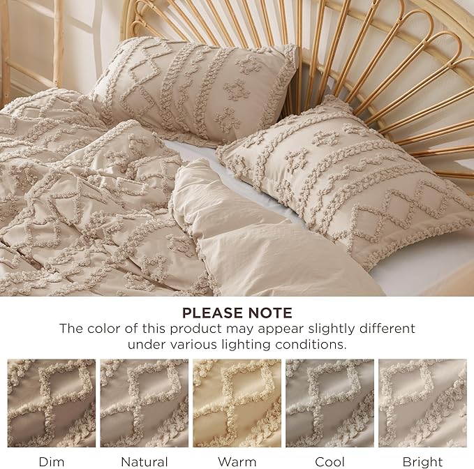Bedsure Boho Duvet Cover Queen Size, Soft & Comfortable Elegant Design Boho Bedding for Decoration, Machine Washable Comforter Cover for All Seasons,Includes 1 Duvet Cover & 2 Pillow Shams,Khaki