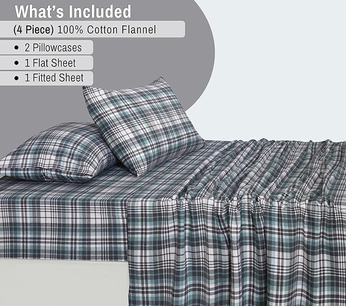 RUVANTI Flannel Sheets Full Size - 100% Cotton Double Brushed Bed Sheets Set, Deep Pockets 16 Inches, All Seasons Breathable & Extra Soft Full Sheets, Warm & Cozy, 4 Piece, Mint Grey
