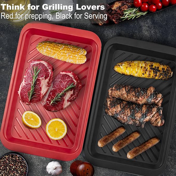 Czlizdyt Deep Grilling Prep and Serve Trays with lid, BBQ Tray for Marinating Raw and Cooked Food, Diswasher Safe Nesting Trays Black in Red