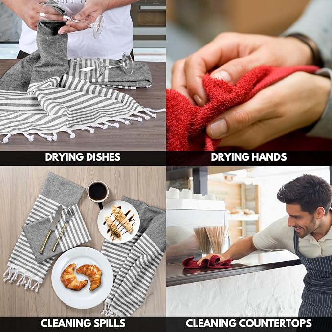 Turkish Kitchen Towels 18x26 Inches with Tassels - 4 Pack - Absorbent, Durable, Soft 100% Cotton Dish Towels for Drying & Cleaning - Machine Washable, Quick Dry - Black