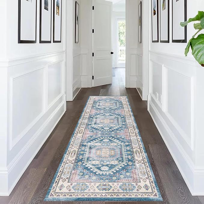 vivorug Blue Runner Rug 2x10 Machine Washable Rug with Non-Slip Backing, Ideal for Kitchen Hallway Entryway Laundry Room - Vintage, Durable, Easy Clean, Low Pile Carpet Runner