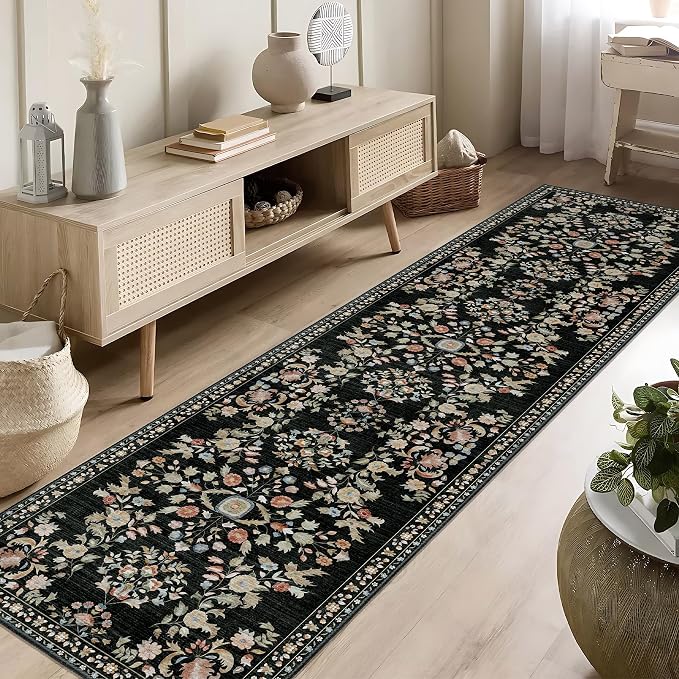 MUJOO Washable Runner Rug for Kitchen Hallways,2x8 Runner Rug Non Slip,Floral Carpet Runner for Bathroom Bedroom Laundry Floor,Long Mat Boho Indoor Vintage Low Pile Black