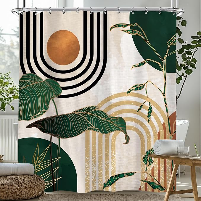 Glawry Waffle Green Shower Curtain Boho Abstract Mid Century Tropical Palm Tree Sun Arch Bathroom Modern Minimalist Aesthetic 72Wx72L Inches Bath Accessories Art Home Decor Fabric 12 Pack Hooks