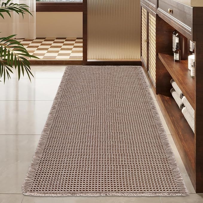 ZALL Tan Waffle Bath Mat,Super Absorbent Non Slip Bathroom Rug,Brown 24x48inch,Machine Washable Ultra Soft Floor Mats