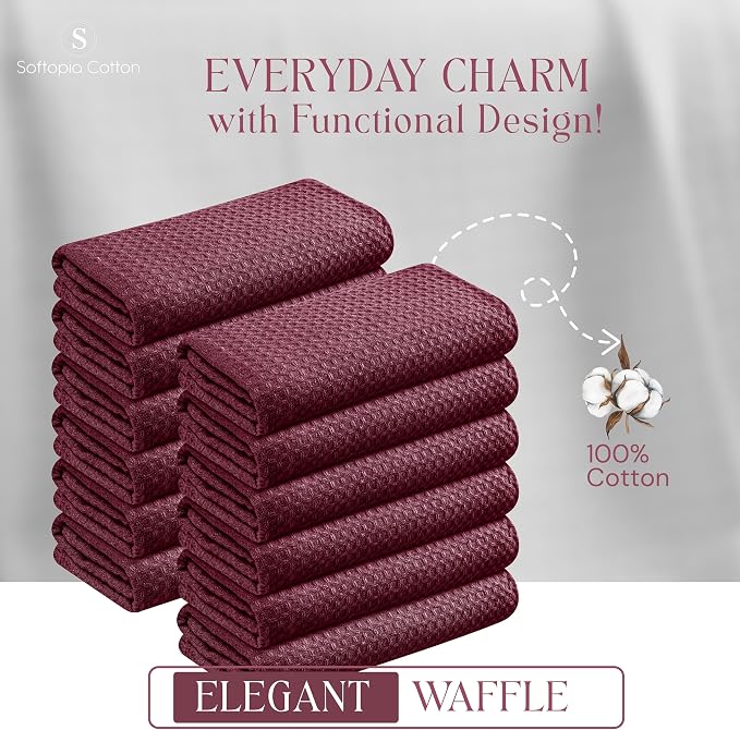 Burgundy Kitchen Towels – Waffle Weave, 100% Cotton, Soft & Absorbent, Fast Dry, Durable, 16x26 Inches, Perfect for Dish Drying, Bar, Cleaning, Hand Wipe and Everyday Use, Set of 4