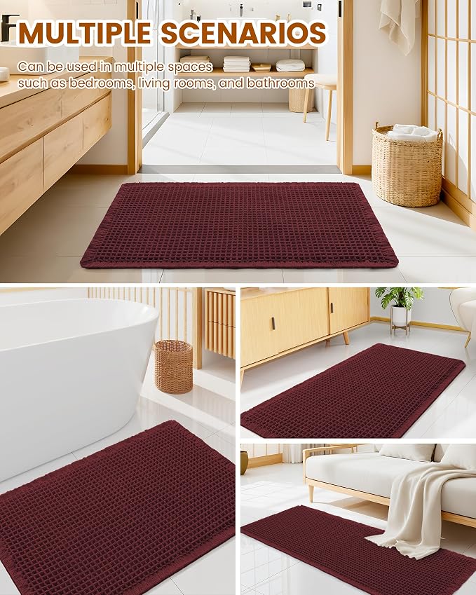 Smiry Waffle Bath Mat 60x24, Extra Soft Absorbent Bathroom Rugs, Non Slip Machine Washable Quick Dry Bath Rugs for Bathroom Floor, Tub, Shower, Home Decor Accessories, Burgundy