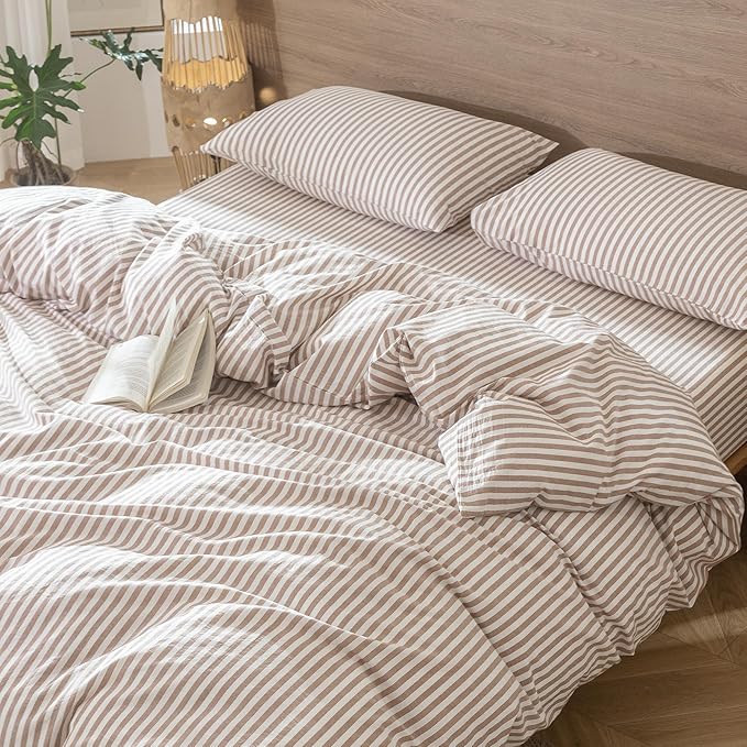 MooMee Striped Duvet Cover Set 100% Washed Cotton Linen Like Textured Breathable Durable Soft Comfy (Orange Classic Stripes, Oversized Queen 98"x98")