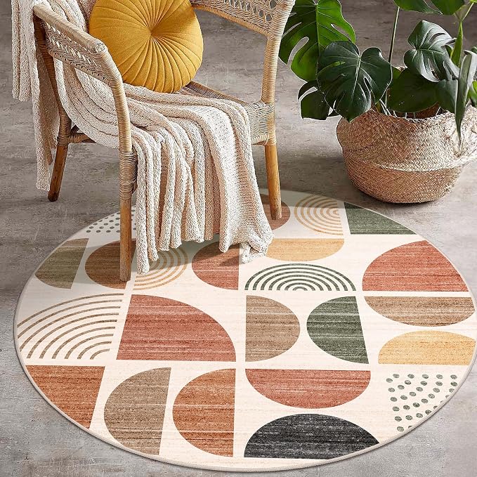 MUJOO Round Rug 4ft,Small Circle Area Rug Washable,Circular Rugs for Entryway Bedroom Kitchen,Boho Non Slip Throw Floor Carpet Modern Abstract Bohemian Terracotta