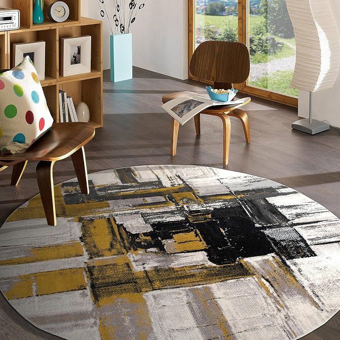 Rugshop Gold Modern Abstract Round Area Rug — Non-Shedding for Living Room, Dining Room and Foyer 8' Round