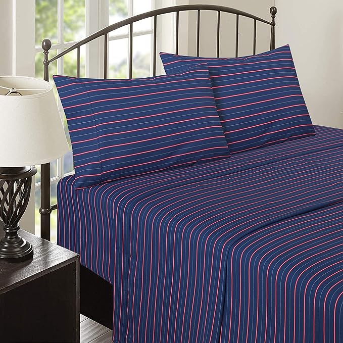 RUVANTI 100% Cotton Full Size Bed Sheets, 4 Pieces, Soft & Breathable Percale Weave Bedding, Deep Pocket 16", Hotel Standard, Crisp Cool Feel, Durable, Perfect Sheet Set Striped, Nautical
