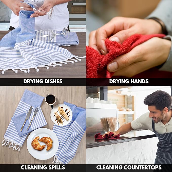 Turkish Kitchen Towels 18x26 Inches with Tassels - 4 Pack - Absorbent, Durable, Soft 100% Cotton Dish Towels for Drying & Cleaning - Machine Washable, Quick Dry - Indigo Blue