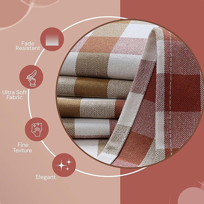 Multi Checkered Dish Towels 4 Pack, 18x26 Inches, 100% Cotton Kitchen Cloths, Quick Drying Wash Rags, Reusable & Absorbent, Washable Towels for Cleaning, Cooking - Rust, Tan, Natural
