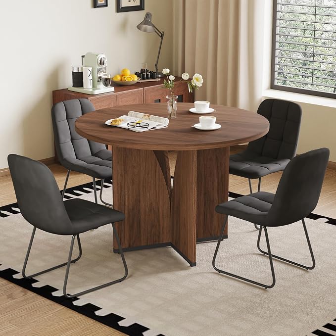 HIPIHOM Modern Round Dining Table Set for 4, 39.4" Walnut Kitchen Table with 4 PU Leather Chairs, 5-Piece Mid-Century Dining Room Set for Small Spaces, Pedestal Base