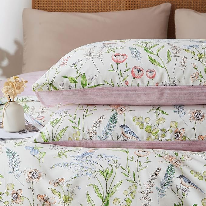 EAVD Vintage Garden Style Botanical Floral Duvet Cover Full White Soft 100% Cotton Chic Floral Cute Bird Print Bedding Set with 2 Pillowcases Fresh Botanical Duvet Cover with Zipper Closure
