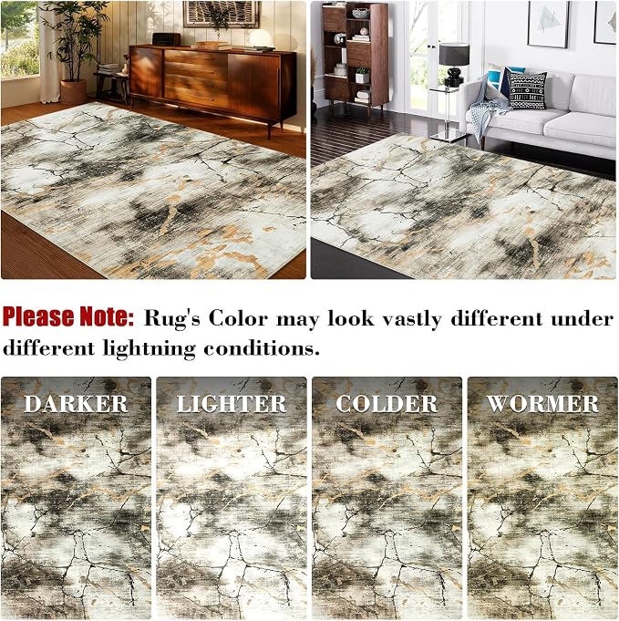 Area Rug 5x7 Washable Modern Abstract Rug for Living Room Water Ink Abstract Small Accent Carpets Low Pile Soft Bedroom Floor Covers Non Shedding Office Carpet Mat for Porch Kitchen, Brown