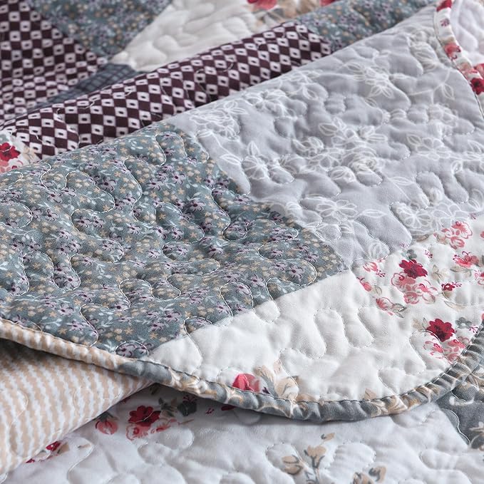 HoneiLife Quilt Set Queen Size - 3 Piece Microfiber Quilts Reversible Bedspreads Patchwork Coverlets Floral Bedding Set All Season Quilts-Grey Rose,Queen/Full Size