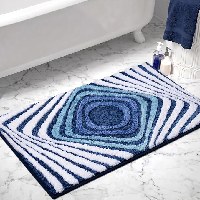 Funky Blue Bathroom Rug, Absorbent Non Slip High Pile Tufted Bath Mat with 3D Striped Pattern, Plush Microfiber Shower Rug for Bathroom Sink, Tub, Machine Washable, 16"x24"
