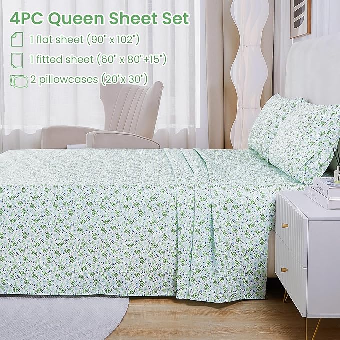 Softan Green Floral Queen Sheet Set, Cozy Botanical Microfiber Printed Fitted Bed Sheet with 15" Deep Pockets & Non-Slip Straps, Fresh Greenery Blooms Patterned Sheets & Pillowcase Set