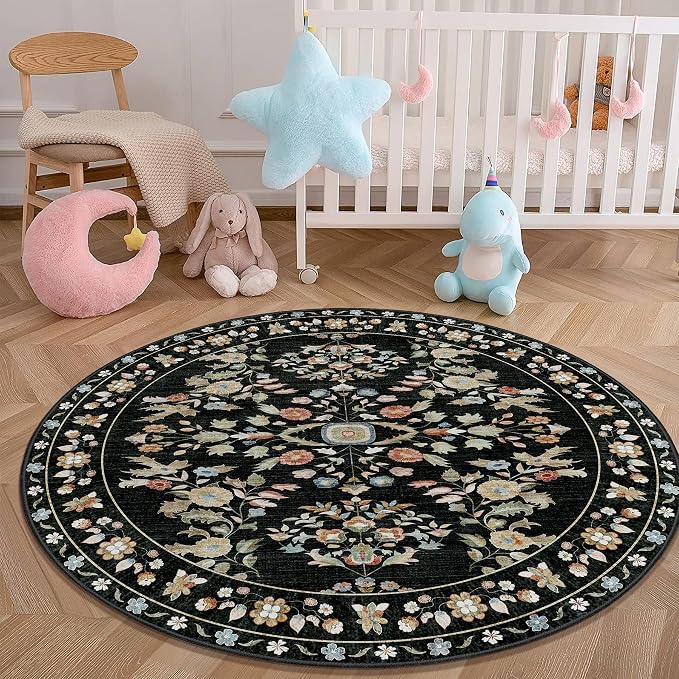 MUJOO Circle Rug 4ft,Black Round Area Rug Washable,Circular Rugs for Bedroom Entryway Bathroom Living Room,Small Boho Non Slip Throw Carpet Vintage Floral