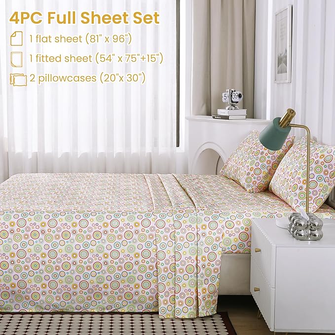 Softan Mandala Printed Full Sheet Set, 4-Piece Microfiber Fitted Sheet with 15" Deep Pockets & Non-Slip Straps, Geometric Patterned Double Bedding Sheets & Pillowcase Set