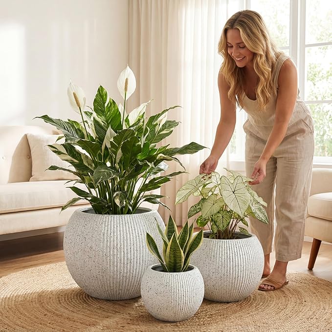 DTY Signature Mount Sherman Modern Indoor Outdoor Fiberstone Sphere Planter, Durable Round Garden Pot, Weather Resistant, Drainage Hole & Rubber Plug,Planter for Christmas Tree (Ribbed White, Large)
