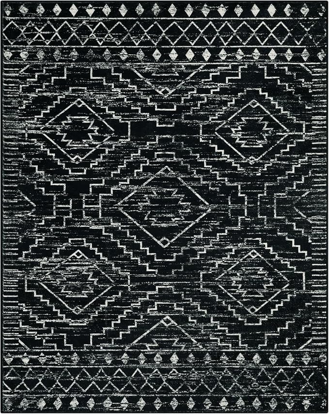 Wonnitar Moroccan 8x10 Area Rugs for Living Room, Washable Large Black Rug for Bedroom, Non-Slip Soft Thin Stain Resistant Boho Tribal Floor Carpet for Dining Guest Room Office (Black,8'x10')