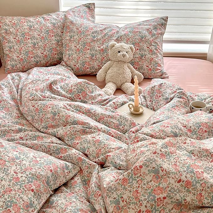 LIFETB Pink Floral Comforter Set Full Cute Girl Floral Bedding Comforter Set for Full Size Bed Chic Garden Style Flower Comforter with 2 Pillowcases Vintage Botanical Bedding Comforter Set All Season